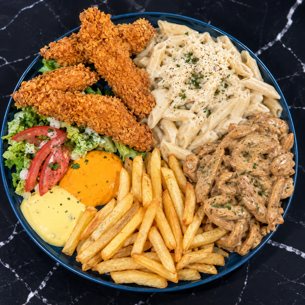 Émincé de poulet en sauce avec pomme de terre et salade