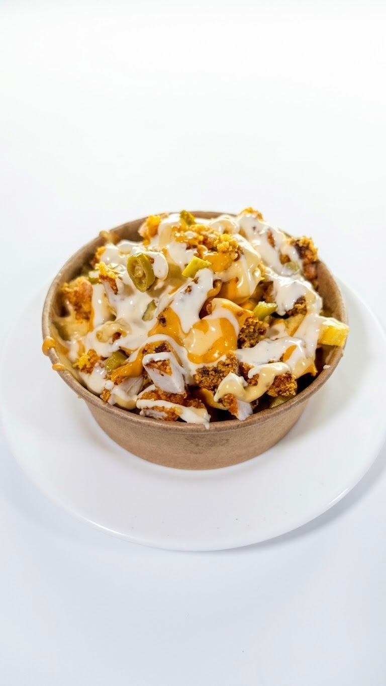 Frites chilli cheese nappées de fromage et sauce
