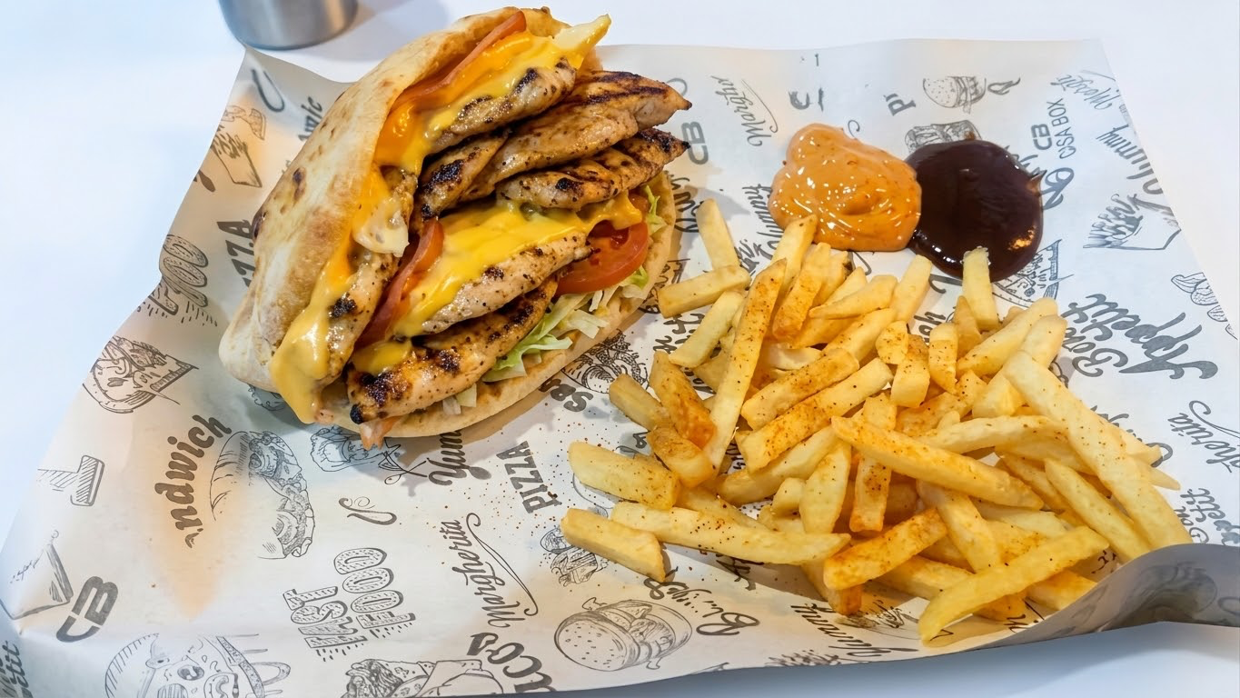 Sandwich au poulet servi avec des frites et une sauce