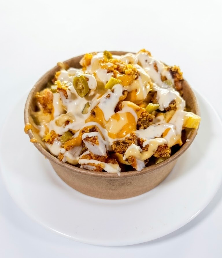 Frites chilli cheese nappées de fromage et sauce